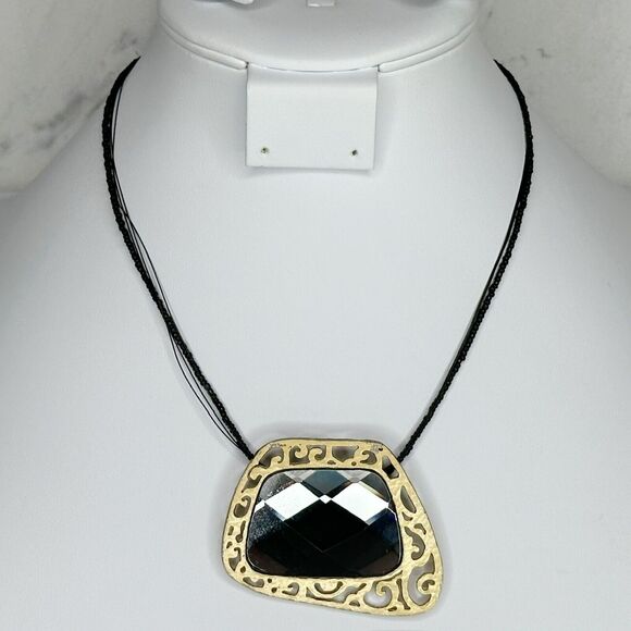 Chico's Black Beaded Gold Tone Rhinestone Pendant Statement Necklace - Picture 1 of 13